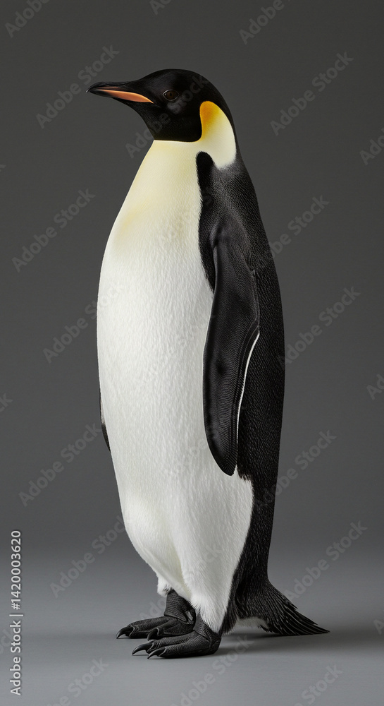 Fototapeta premium Penguin Standing Upright Profile on Plain Gray Background