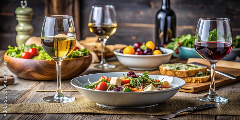 table with plates of food and glasses of wine beside a bowl of salad and a glass of wine on top, beverage, wine table with plates of food and glasses of wine beside a bowl of salad and a glass of wine on top, beverage, wine