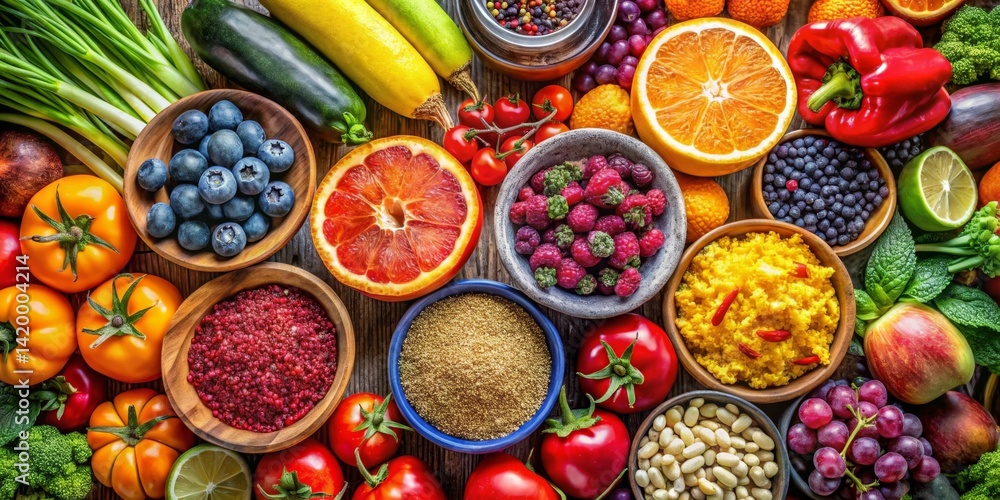 Vibrant Rainbow of Nutritious Foods A Colorful Collection of Fresh Fruits, Vegetables, and Grains Showcasing Nature's Bounty Vibrant Rainbow of Nutritious Foods A Colorful Collection of Fresh Fruits, Vegetables, and Grains Showcasing Nature's Bounty