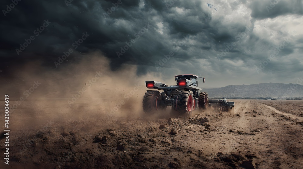 Naklejka premium Powerful farm tractor plowing through a dusty field during a storm.