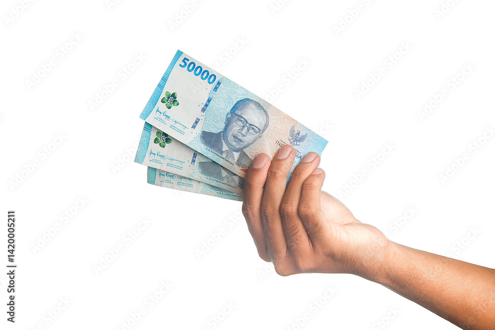 Hand Holding Indonesian Rupiah IDR 50000 Banknotes Isolated on White Background.Hand Holding Indonesian Rupiah IDR 50000 Banknotes Isolated on White Background. Hand Holding Indonesian Rupiah IDR 50000 Banknotes Isolated on White Background.Hand Holding Indonesian Rupiah IDR 50000 Banknotes Isolated on White Background.