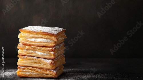 Wallpaper Mural A stack of flaky pastry layers dusted with powdered sugar, set against a dark background, showcasing a delicious dessert. Torontodigital.ca