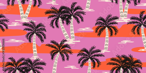 Tropical pattern with freehand drawn palm trees. Hawaiian summer background. Coconut tree print for fabric, textiles, packaging, cover, poster, banner, wallpaper, interior. Vector illustration.