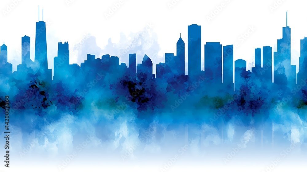 Blue Watercolor Chicago Skyline Silhouette Artistic Urban Scene Depiction of Cityscape with Buildings.
