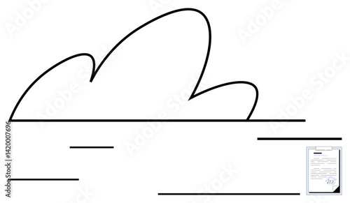 Abstract cloud outline paired with a signed document suggesting digital storage, online collaboration, and secure file management. Ideal for tech, business, workflow, productivity, legal processes