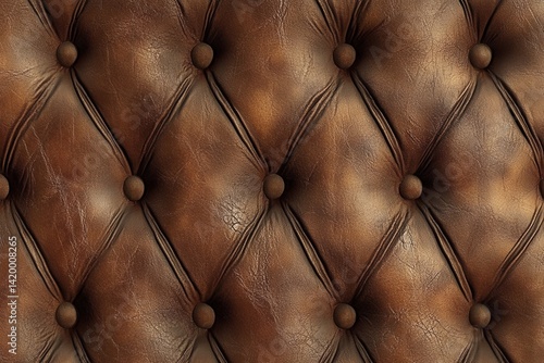Rich, brown leather upholstery with diamond tufting. photo