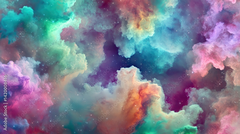 Vibrant, swirling clouds of colorful powder blend into a cosmic, dreamlike nebula with sparkling stars. A beautiful, abstract explosion of color Vibrant, swirling clouds of colorful powder blend into a cosmic, dreamlike nebula with sparkling stars. A beautiful, abstract explosion of color