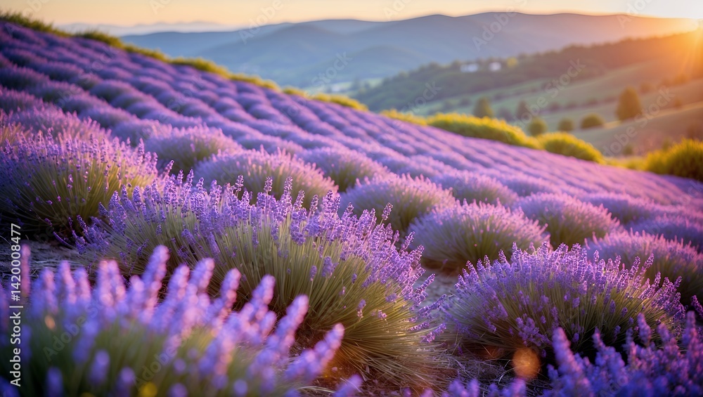 Obraz premium Blooming Lavender Field at Sunset in Rural Landscape Scenic View