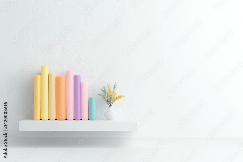Pastel colored books and vase on a white shelf against a white wall Pastel colored books and vase on a white shelf against a white wall