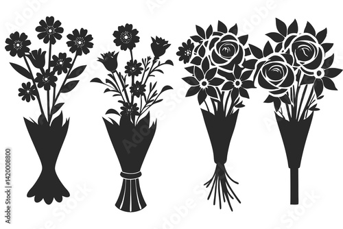 set of Beautiful Flower bouquet vector silhouette illustration isolated on white background