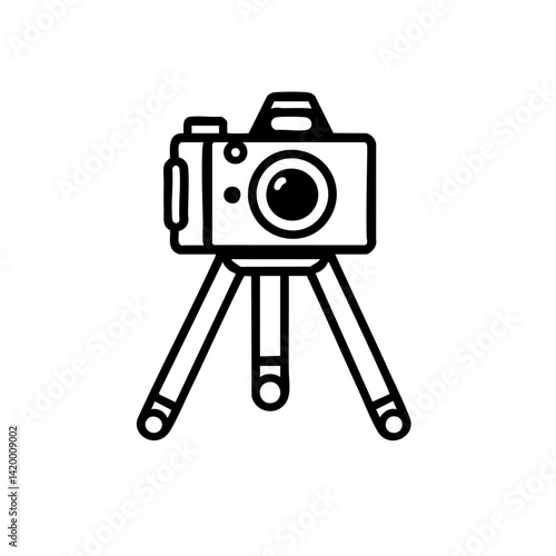 Black-and-white vector illustration of camera on tripod representing essential photography equipment
