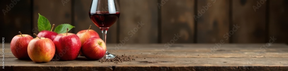 Wooden table with apples and wine glasses on a rustic wooden surface, farmhouse style, wooden table, wood tone Wooden table with apples and wine glasses on a rustic wooden surface, farmhouse style, wooden table, wood tone