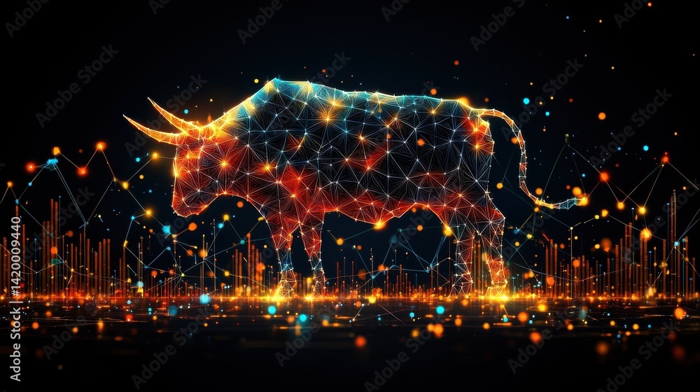 Geometric Bull Illustration with Neon Lights and Abstract Data Lines Geometric Bull Illustration with Neon Lights and Abstract Data Lines