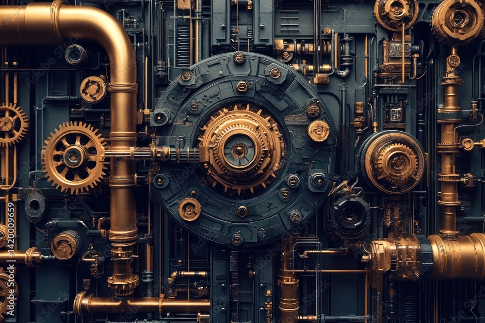 Futuristic steampunk mechanism with intricate gears and pipes, highlighting the complexity of machinery and advanced technology in an abstract, high-tech world. Futuristic steampunk mechanism with intricate gears and pipes, highlighting the complexity of machinery and advanced technology in an abstract, high-tech world.