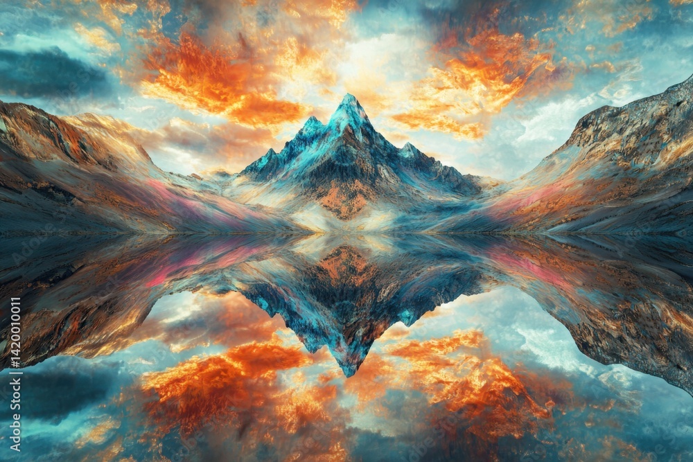 Majestic mountain landscape reflecting in calm waters at sunset Majestic mountain landscape reflecting in calm waters at sunset