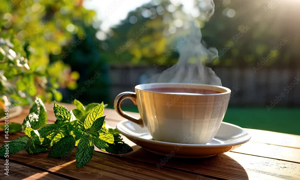A steaming cup of tea sits with mint on a wooden surface, with a green garden backdrop