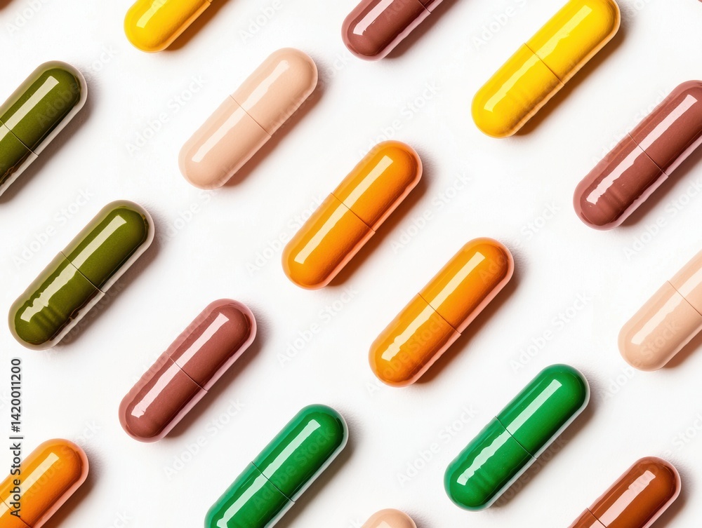 A vibrant arrangement of colorful capsules laid out in a grid pattern, showcasing various sizes and shades for health and wellness. A vibrant arrangement of colorful capsules laid out in a grid pattern, showcasing various sizes and shades for health and wellness.