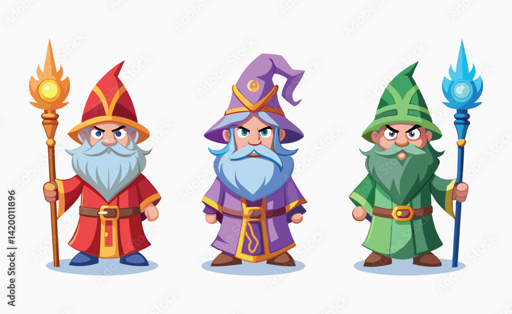 Naklejka premium Magician Cartoon Character Set – Purple Green Wizard with Staff – Fairy Tale Fantasy Game Illustration