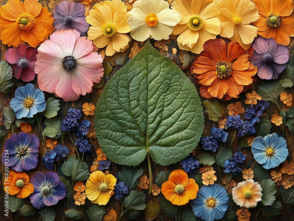 custom made wallpaper toronto digitalColorful flowers and a large green leaf create a vibrant floral arrangement.