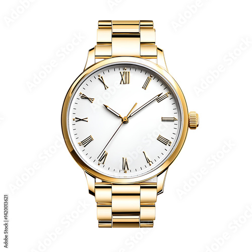  Golden gold watch white face with numbers on the glass simple background transparent PNG