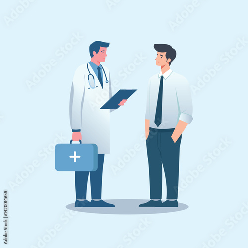 Doctor and patient flat vector, healthcare consultation illustration, medical checkup scene, hospital visit, cartoon doctor, clinic appointment concept, healthcare vector art design