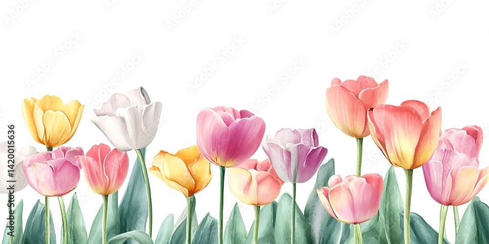 Fototapeta premium Watercolor spring tulips border banner, pastel colors, simple, low details, cute, white background,