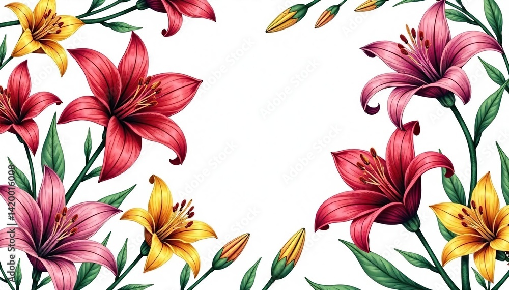 Intricate line art lilies & buds, continuous floral motif, nature, monochrome, summer Intricate line art lilies & buds, continuous floral motif, nature, monochrome, summer