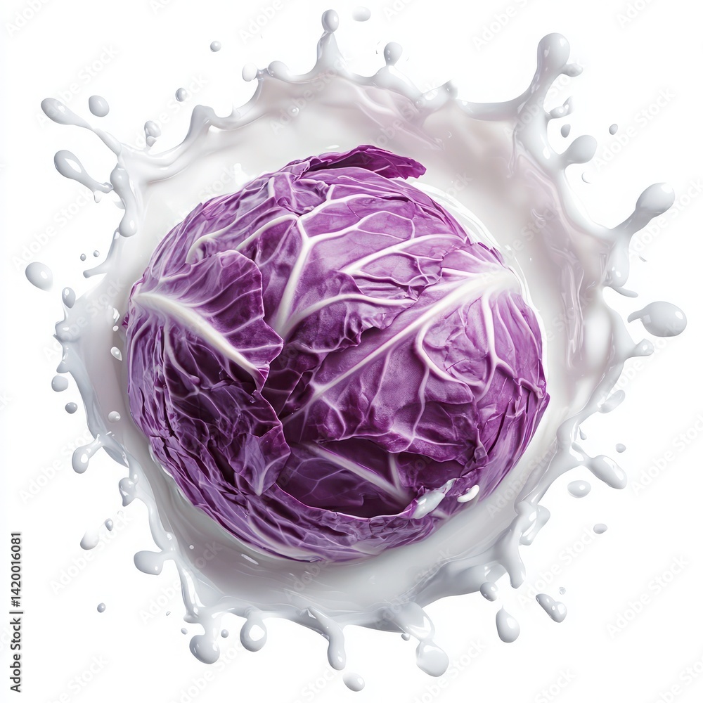 Fresh Purple Cabbage in Milk Splash Isolated on White Background for Healthy Cooking and Organic Food Concepts Fresh Purple Cabbage in Milk Splash Isolated on White Background for Healthy Cooking and Organic Food Concepts