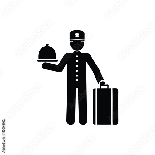 Pictogram Style Bellhop Holding Food Cover and Luggage Icon with Transparent Background