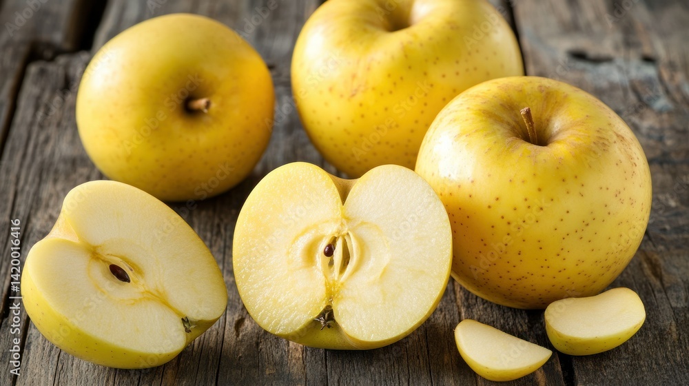 Several Golden Apples Arranged on Rustic Wooden Surface