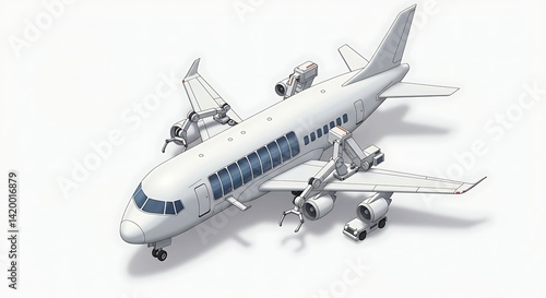 Airplane Serviced by Robotic Arms on a White Background