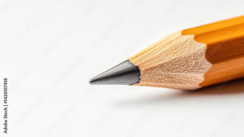 Obraz premium A high-resolution close-up of a sharpened wooden pencil with a fine graphite tip, resting on a clean white surface, showcasing its smooth wooden texture and precision.