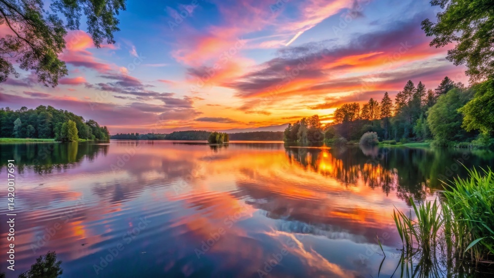 Serene Sunset Reflection on a Calm Lake, with Vivid Colors Painting the Sky and Water Serene Sunset Reflection on a Calm Lake, with Vivid Colors Painting the Sky and Water