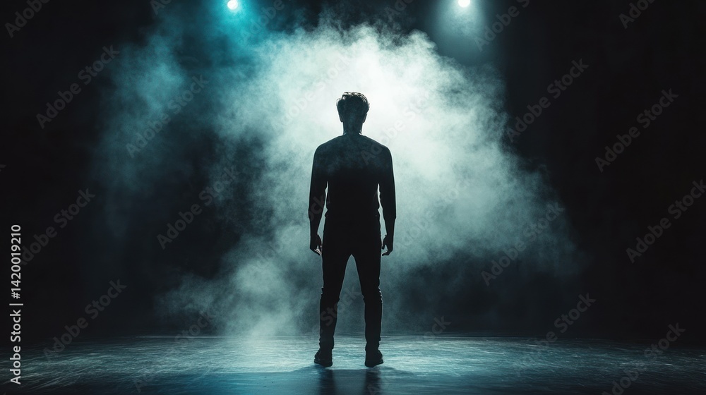 A silhouetted person stands in a dramatic smoky illuminated atmosphere A silhouetted person stands in a dramatic smoky illuminated atmosphere