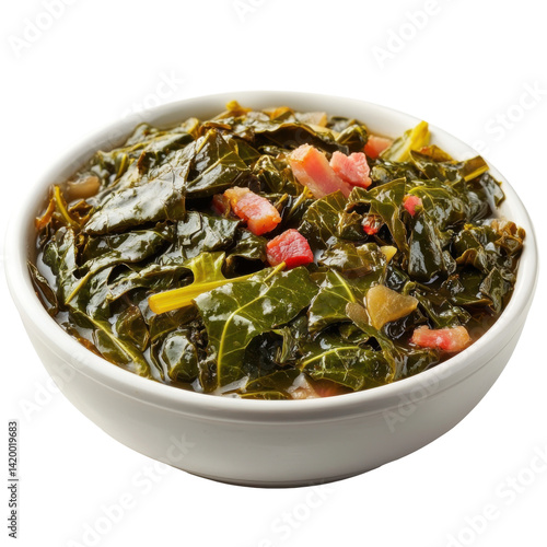 Collard GreensSouthern Collard Greens with Bacon in Rustic Bowl
