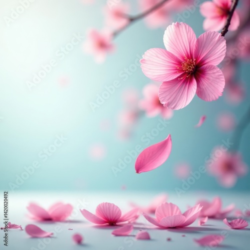 Whispy pink sakura petals suspended in air amidst a subtle gradient background, art, sakura, season