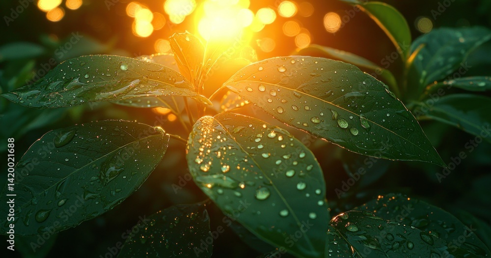 Fototapeta premium Dew-covered leaves glistening in golden sunset light