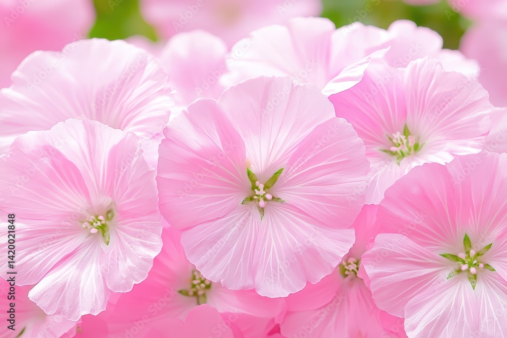 Fototapeta premium Delicate pink flowers bloom in a close-up, showcasing their ruffled petals and intricate centers. A soft, vibrant floral display