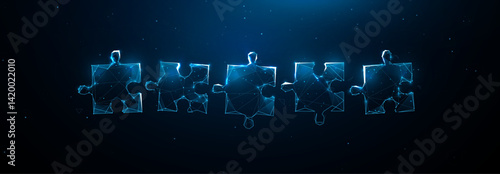 Futuristic Glowing Puzzle Pieces in Digital Wireframe Style