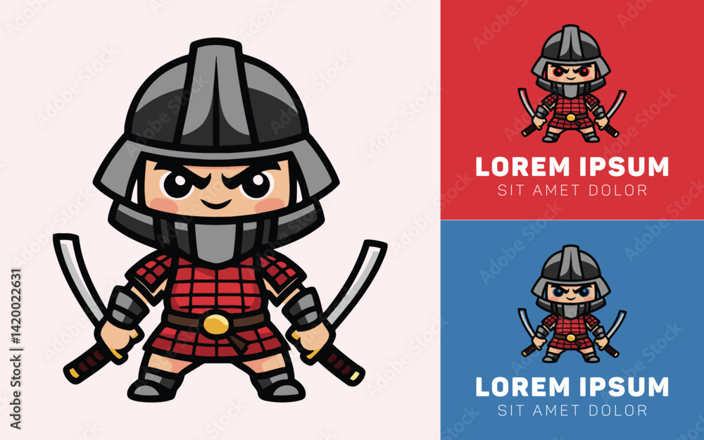 Tiny Samurai Icon Logo with Traditional Armor and Smile Tiny Samurai Icon Logo with Traditional Armor and Smile