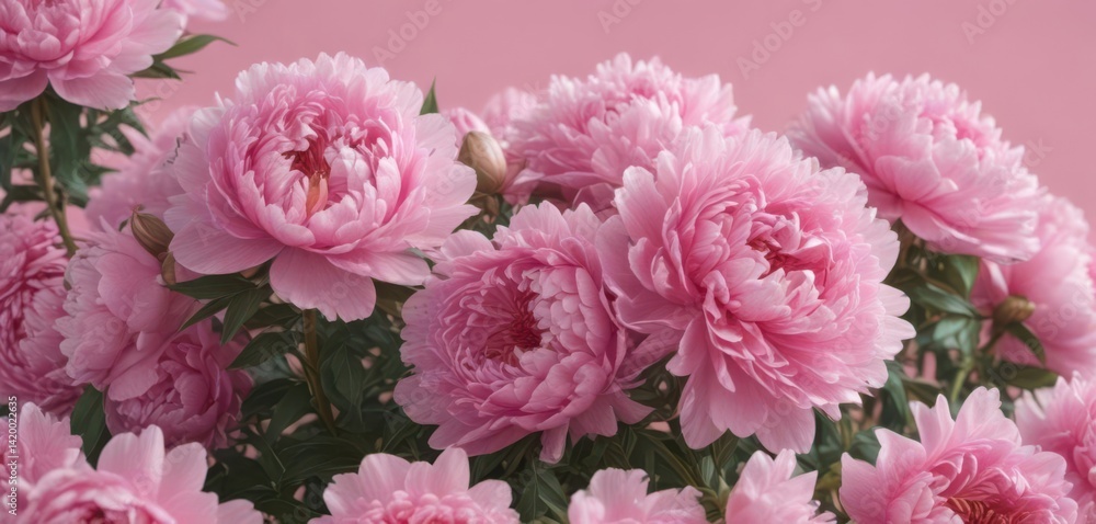 Obraz premium Dense cluster of pink peonies, soft pink backdrop, feminine, botany, delicate