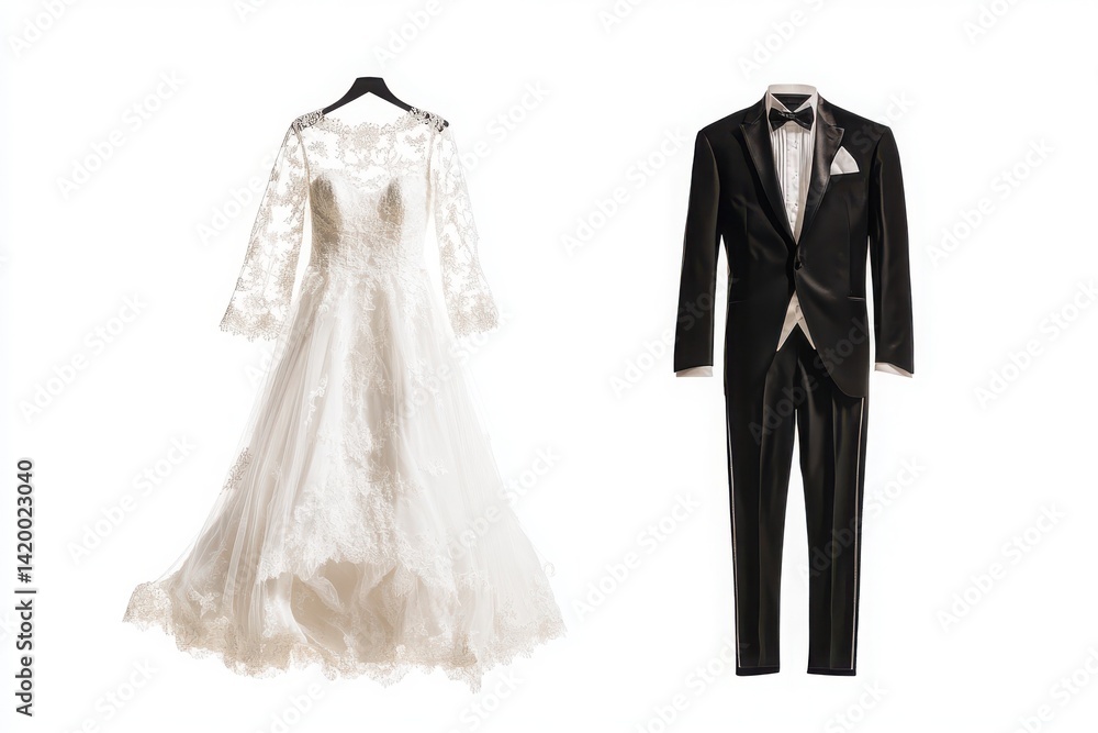Wedding attire dress and tuxedo on hangers isolated on whit background Wedding attire dress and tuxedo on hangers isolated on whit background