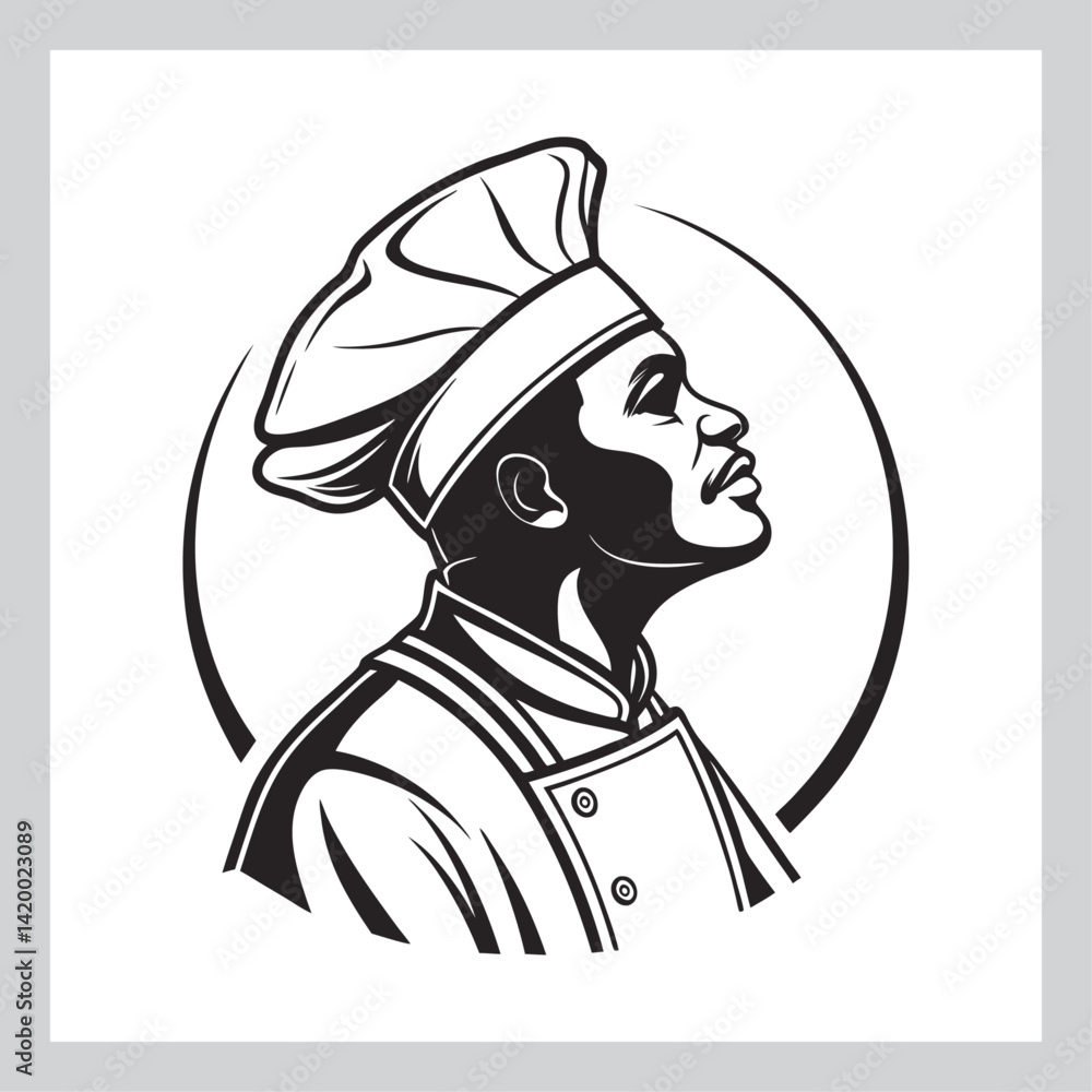 Professional Chef in Profile - Black and White Illustration Professional Chef in Profile - Black and White Illustration
