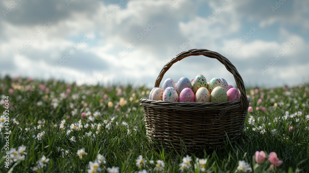 Easter Eggs Basket in a Flowerfield Easter Eggs Basket in a Flowerfield