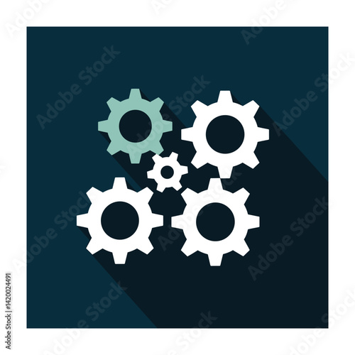 Interlocking Gears: A graphic illustration of four interlocking cogs with long shadows, symbolizing the interconnectedness and intricate workings of complex systems and collaborative processes.