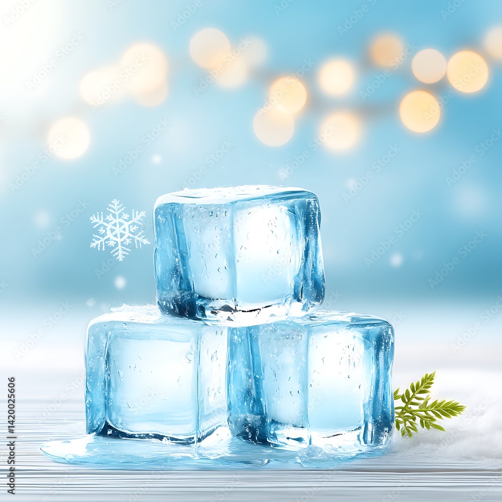 Chilled Water Cubes Melting on White Surface with Soft Bokeh Lights and Evergreen Accent Illustration Chilled Water Cubes Melting on White Surface with Soft Bokeh Lights and Evergreen Accent Illustration