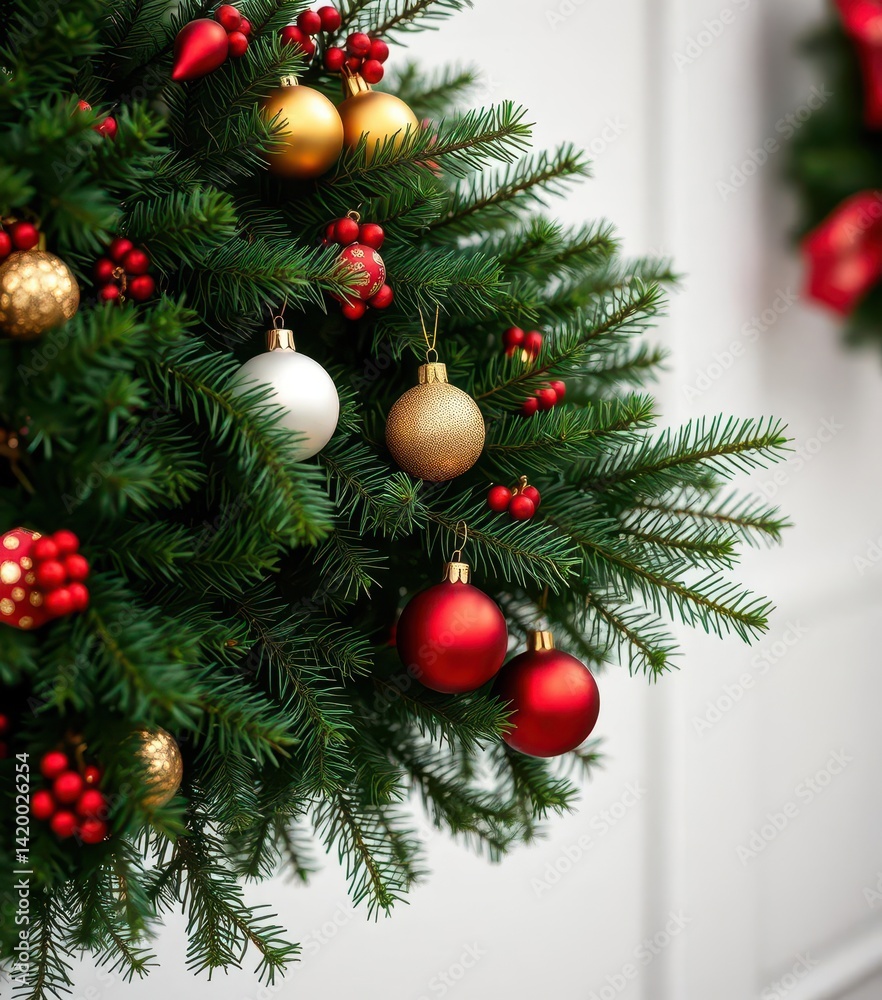 Dark green evergreen boughs adorned with gold, red, & white holiday ornaments, bright, elegant Dark green evergreen boughs adorned with gold, red, & white holiday ornaments, bright, elegant