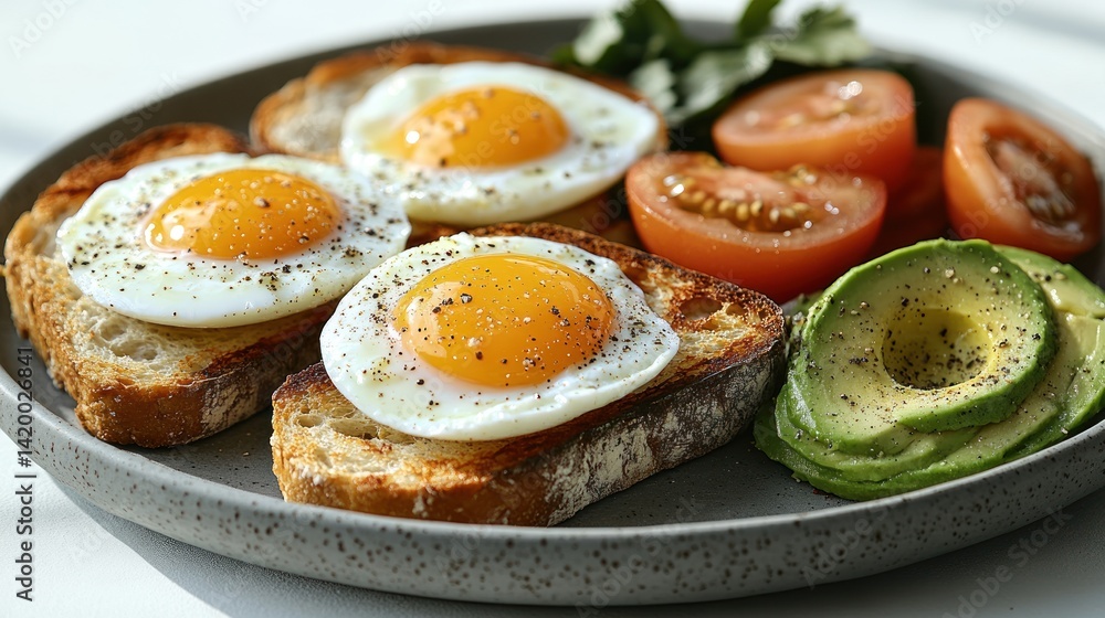 Savoring a hearty breakfast of fried eggs on toast with sliced tomatoes and avocado Savoring a hearty breakfast of fried eggs on toast with sliced tomatoes and avocado