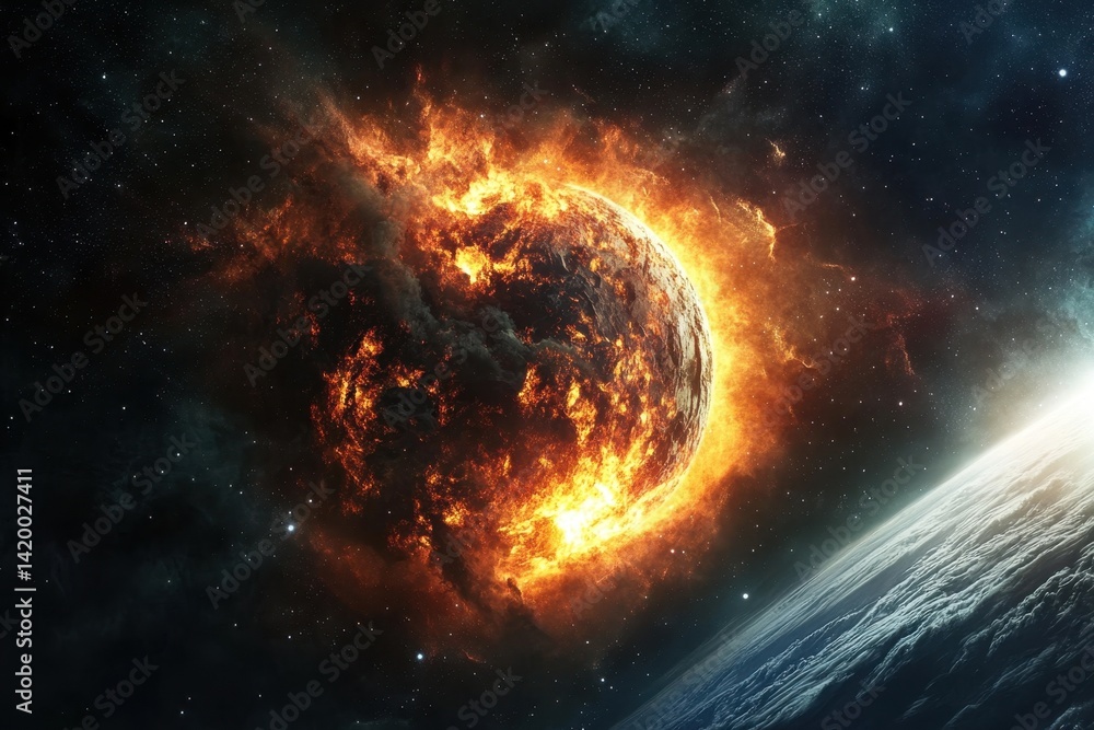Obraz premium Planet engulfed in flames with Earth visible nearby during a cosmic event