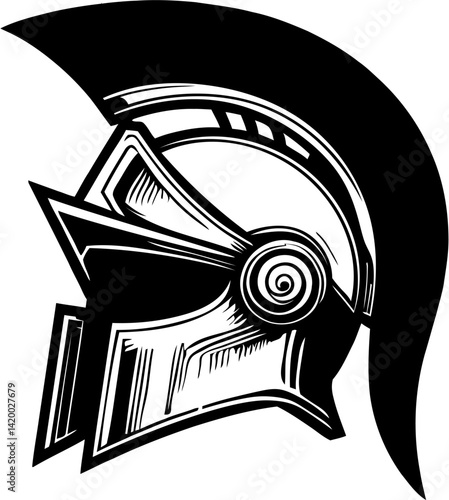 Roman Warrior Helmet Silhouette with Bold Classic Design,Bold black silhouette of a Roman warrior helmet, featuring a classic crest and strong lines, perfect for logos, tattoos, and historical designs